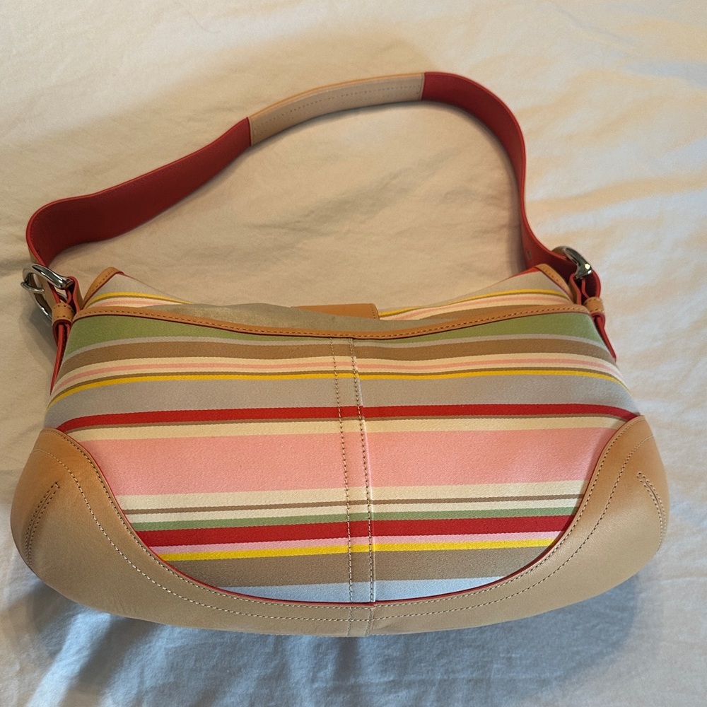 Coach Pastel Stripe Canvas Shoulder Bag with Coral Strap - Picture 2 of 4
